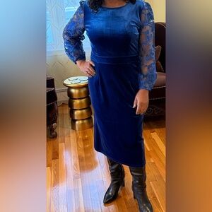 Elegant Royal Blue Velvet Dress with Sheer Embroidered Sleeves